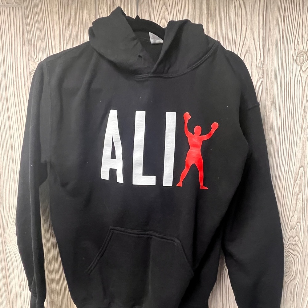 Muhammad ali Black Hoodie with Red and White Graphic